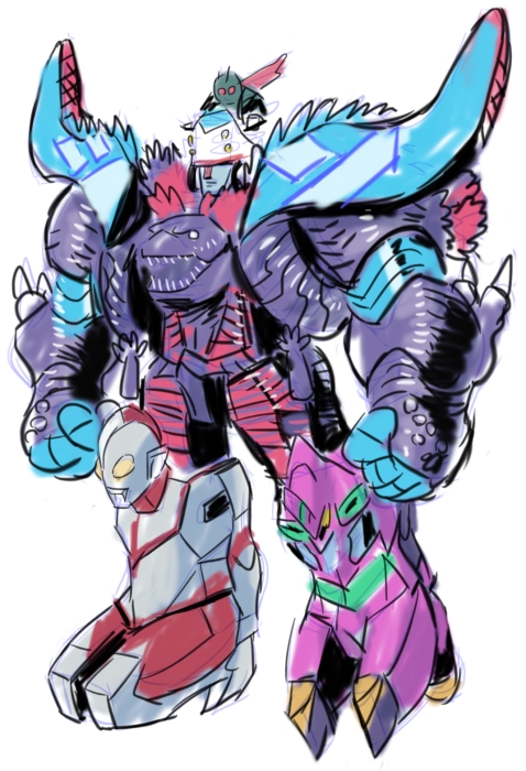 godzilla, eva 01, kamen rider 1, ultraman, and shin universe robo (neon genesis evangelion and 9 more) drawn by aburaya_tonbi
