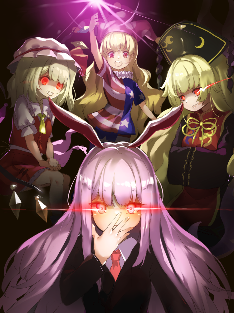 flandre scarlet, reisen udongein inaba, clownpiece, and junko (touhou) drawn by piyodesu