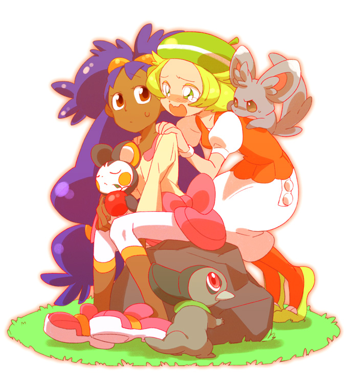 bianca, iris, emolga, minccino, and axew (pokemon and 1 more) drawn by chajka