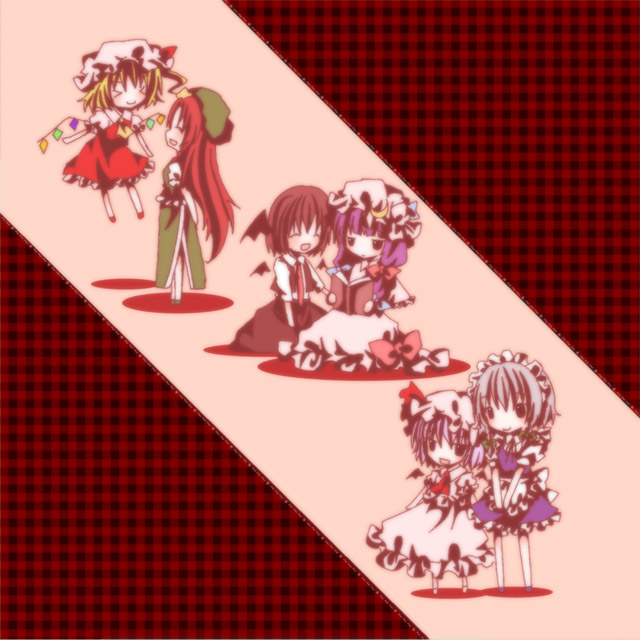 remilia scarlet, flandre scarlet, izayoi sakuya, patchouli knowledge, hong meiling, and 1 more (touhou) drawn by kasuga_sunao