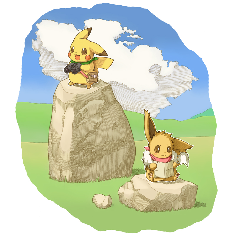 pikachu and eevee (pokemon and 1 more) drawn by tsuji
