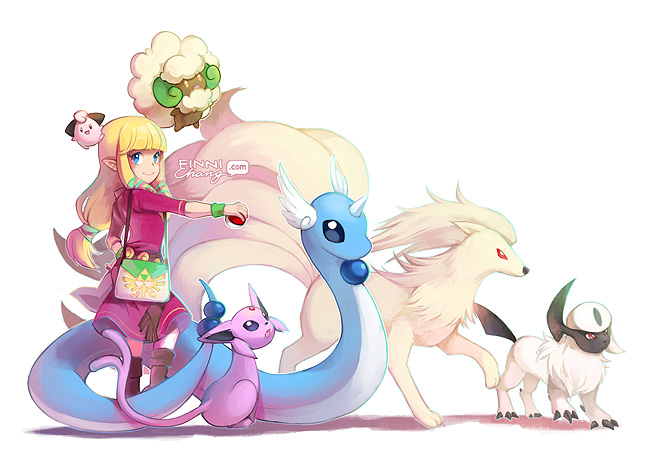 princess zelda, espeon, absol, whimsicott, dragonair, and 2 more (pokemon and 2 more) drawn by finni_chang