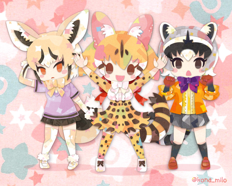 large-spotted genet, rueppell's fox, and crab-eating raccoon (kemono friends and 1 more) drawn by kikuchi_milo