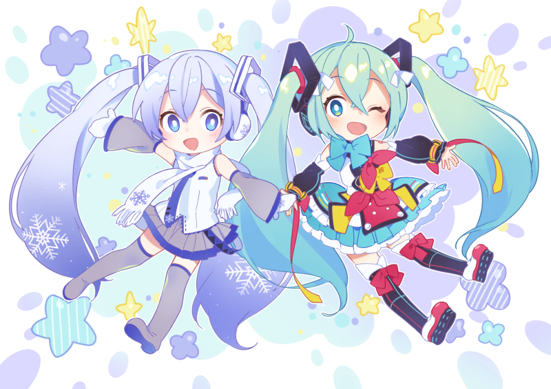 hatsune miku, yuki miku, and magical mirai miku (vocaloid and 1 more) drawn by booota