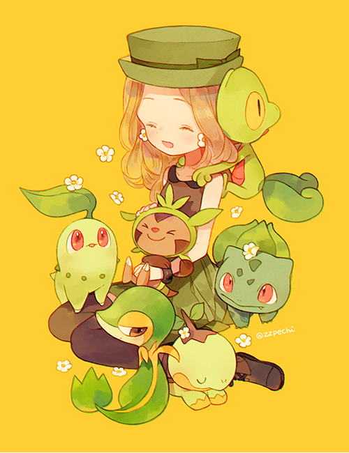 serena, bulbasaur, snivy, chikorita, treecko, and 2 more (pokemon) drawn by pechika