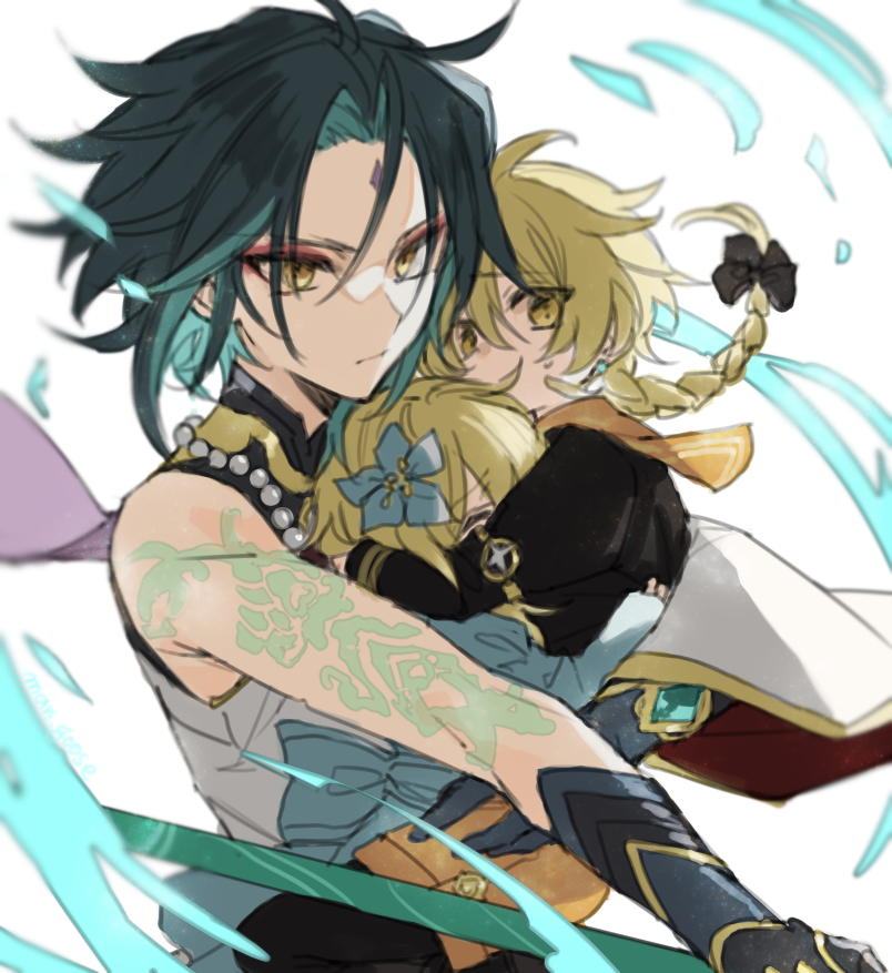lumine, aether, and xiao (genshin impact) drawn by maka_(morphine)