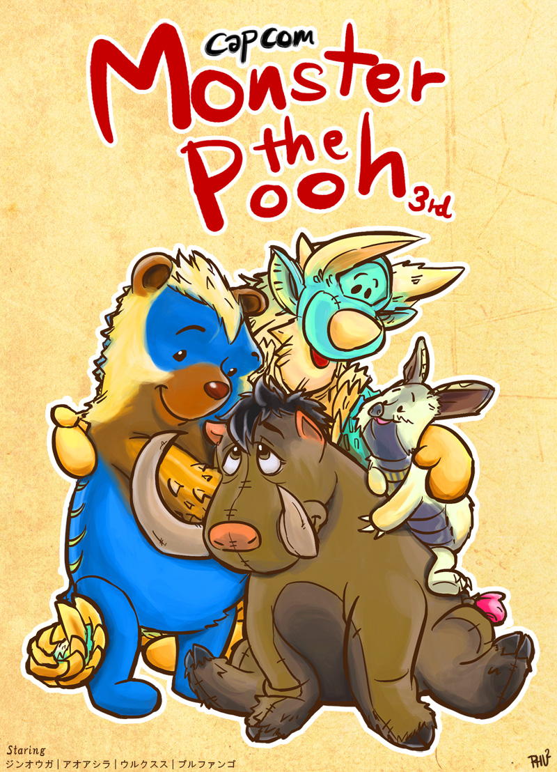 pooh, zinogre, arzuros, piglet, lagombi, and 3 more (monster hunter and 2 more) drawn by phuphu