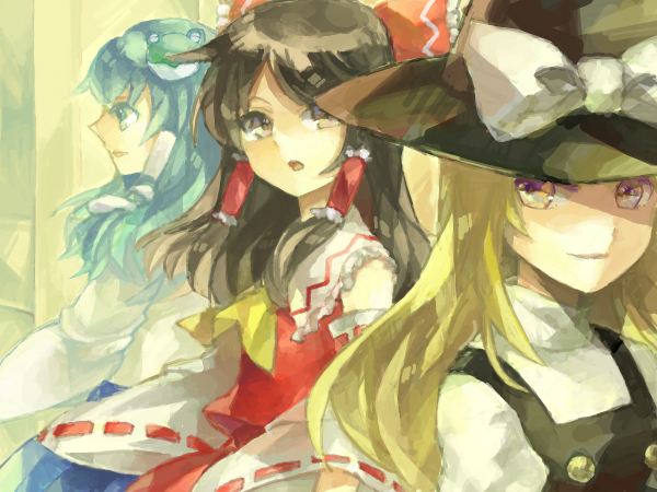 hakurei reimu, kirisame marisa, and kochiya sanae (touhou) drawn by kayabuki