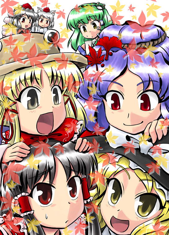 hakurei reimu, kirisame marisa, kochiya sanae, shameimaru aya, inubashiri momiji, and 2 more (touhou) drawn by sasuke_(sasuke_no_sato)