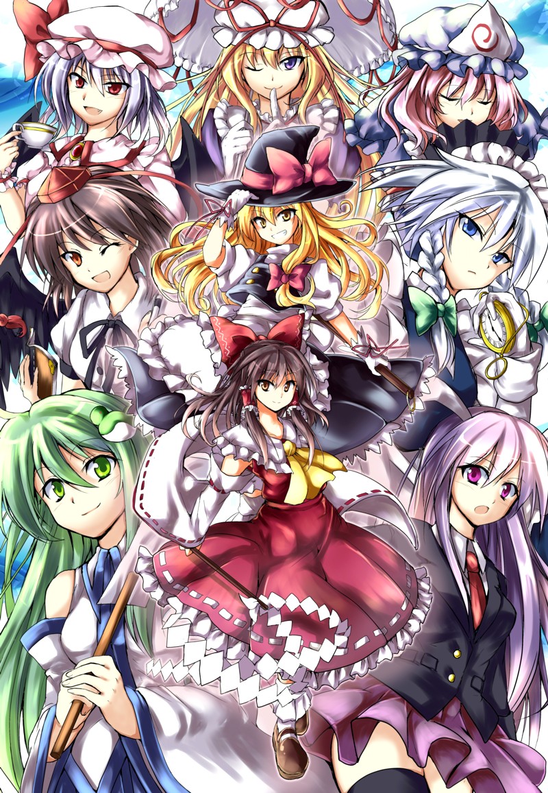 hakurei reimu, kirisame marisa, remilia scarlet, izayoi sakuya, kochiya sanae, and 4 more (touhou) drawn by fuepo
