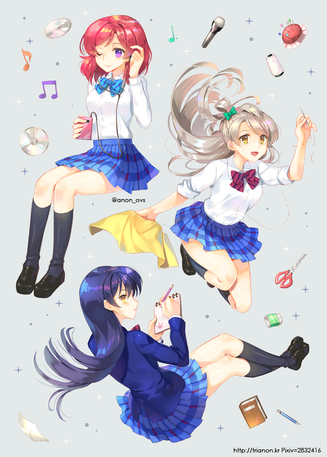 nishikino maki, sonoda umi, and minami kotori (love live! and 1 more) drawn by trianon