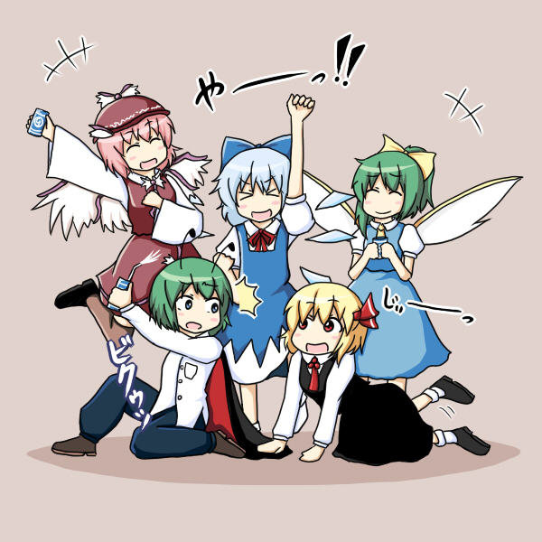 cirno, rumia, mystia lorelei, daiyousei, and wriggle nightbug (touhou) drawn by rokunen