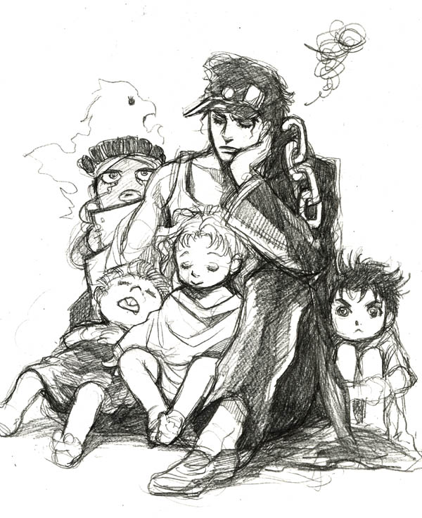 joseph joestar, kujo jotaro, kakyoin noriaki, jean pierre polnareff, and mohammed avdol (jojo no kimyou na bouken and 1 more) drawn by bud_(korovsme)