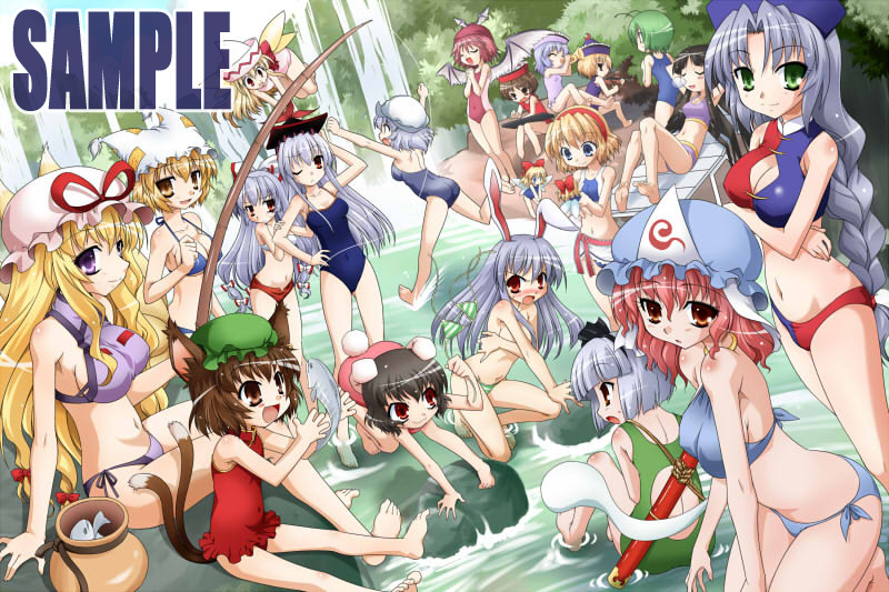 konpaku youmu, alice margatroid, yakumo yukari, reisen udongein inaba, fujiwara no mokou, and 15 more (touhou and 2 more) drawn by akou_roushi