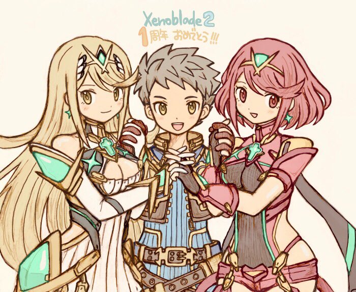 pyra, mythra, and rex (xenoblade chronicles and 1 more) drawn by kokkou1