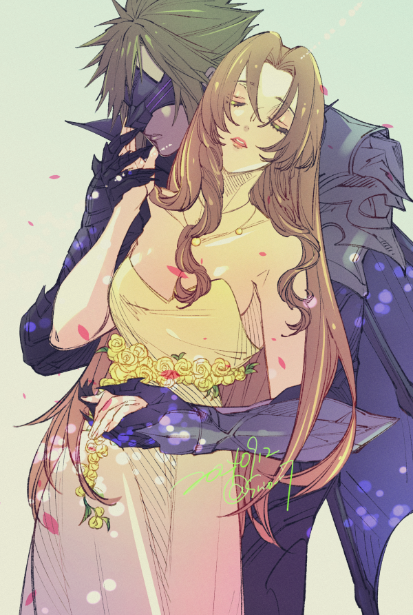 cloud strife and aerith gainsborough (final fantasy and 4 more) drawn by wakakusa-e