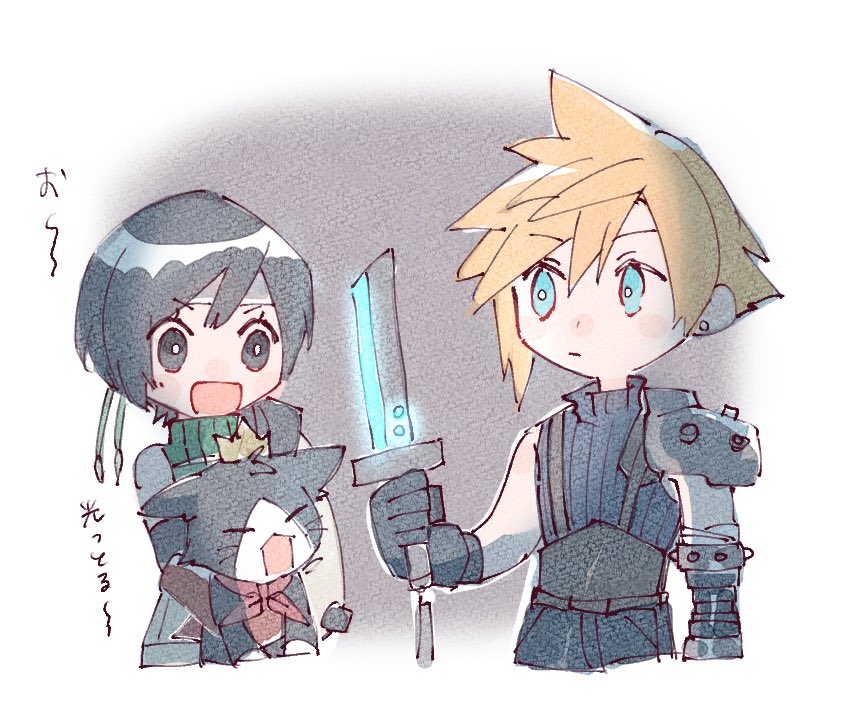 cloud strife, yuffie kisaragi, and cait sith (final fantasy and 1 more) drawn by nitoya_00630a