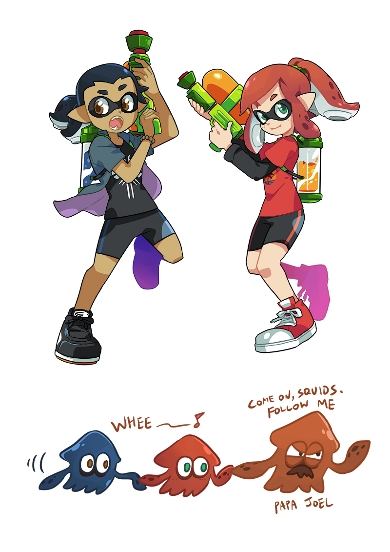inkling player character, ellie, joel, and riley (splatoon and 2 more) drawn by gomipomi