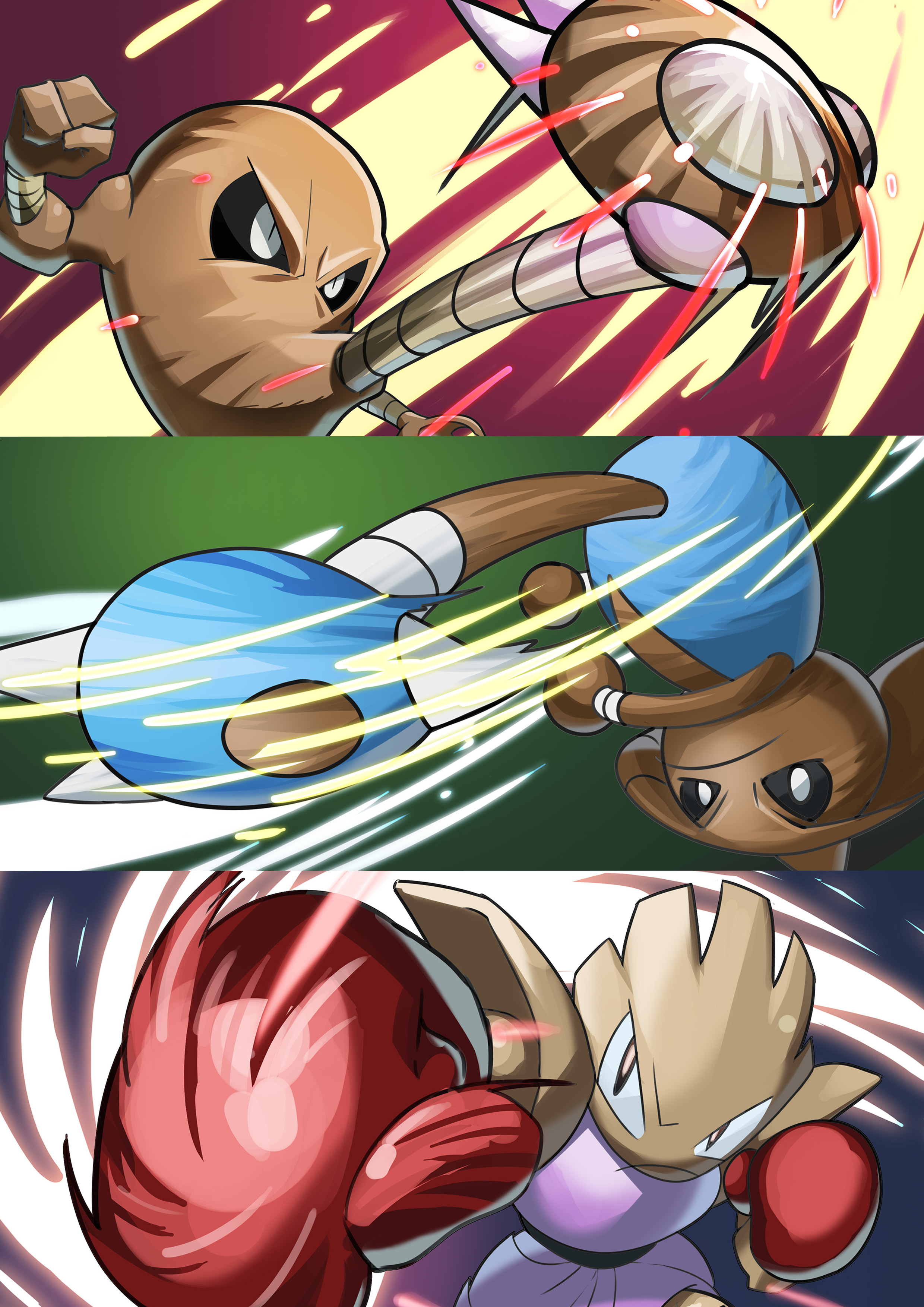 hitmontop, hitmonlee, and hitmonchan (pokemon) drawn by  matsumoto_(ma_tsuya)
