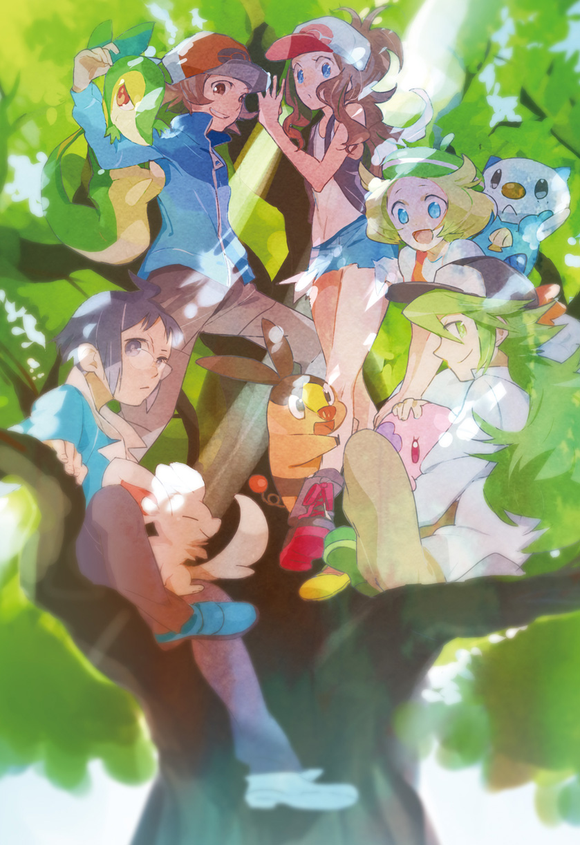 hilda, hilbert, n, oshawott, snivy, and 3 more (pokemon and 1 more) drawn by kazune_(baumkuchen)