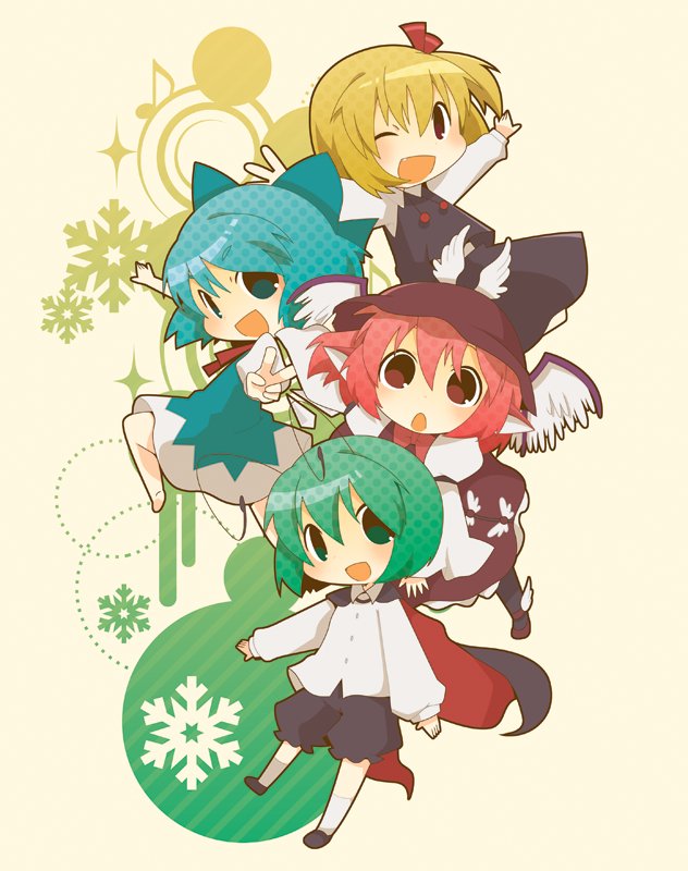 cirno, rumia, mystia lorelei, and wriggle nightbug (touhou) drawn by misaki_(1n1m)