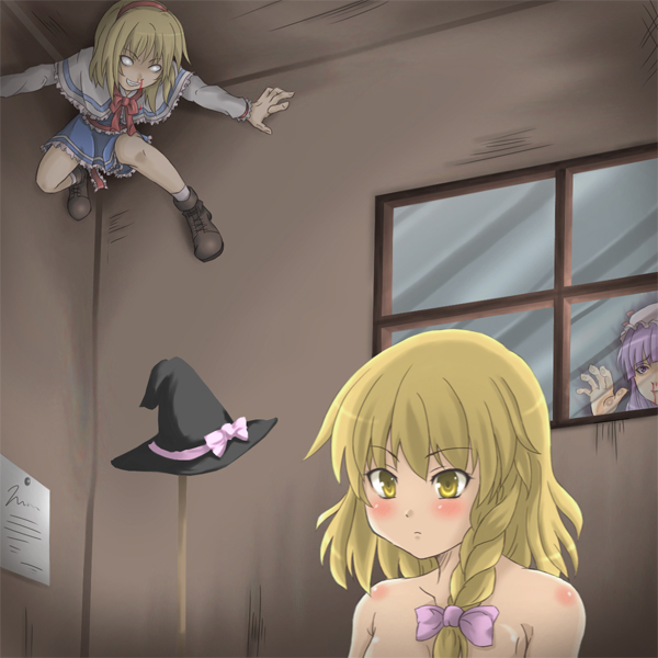 kirisame marisa, alice margatroid, and patchouli knowledge (touhou and 1 more) drawn by mochi.f
