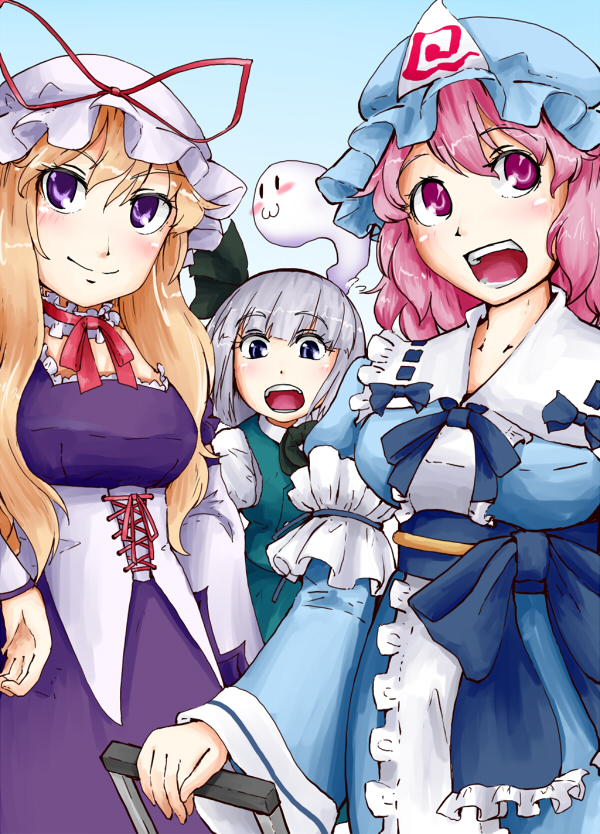 konpaku youmu, yakumo yukari, and saigyouji yuyuko (touhou) drawn by kirisaki_akihito