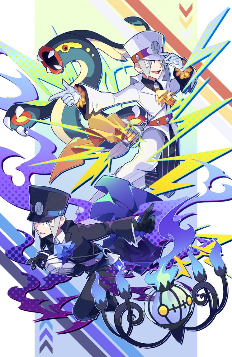 ingo, chandelure, emmet, and eelektross (pokemon and 1 more) drawn by hachijuu_suzume