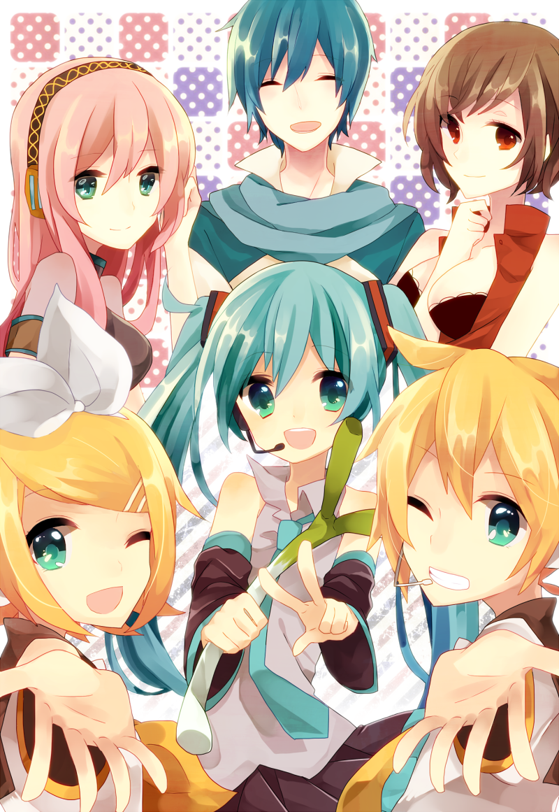 hatsune miku, kagamine rin, kagamine len, megurine luka, kaito, and 1 more (vocaloid) drawn by manio