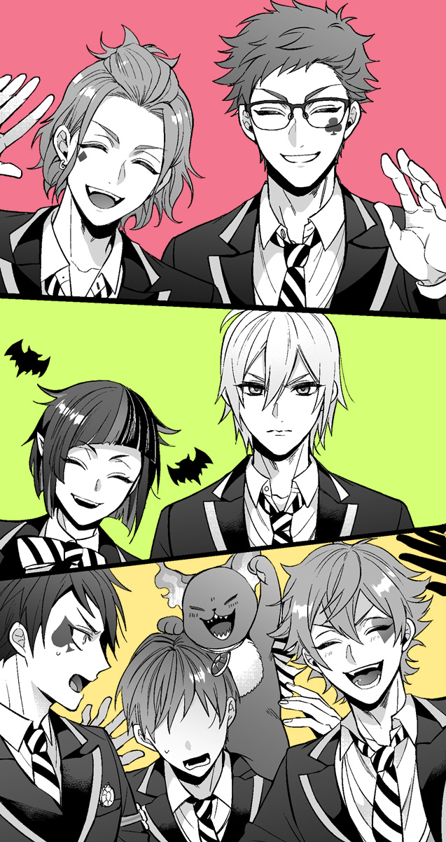 yuu, ace trappola, lilia vanrouge, grim, deuce spade, and 3 more (twisted wonderland) drawn by shinozaki_kyouko