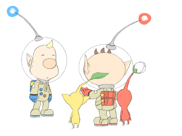 red pikmin, olimar, yellow pikmin, and louie (pikmin) drawn by naru_(wish_field)