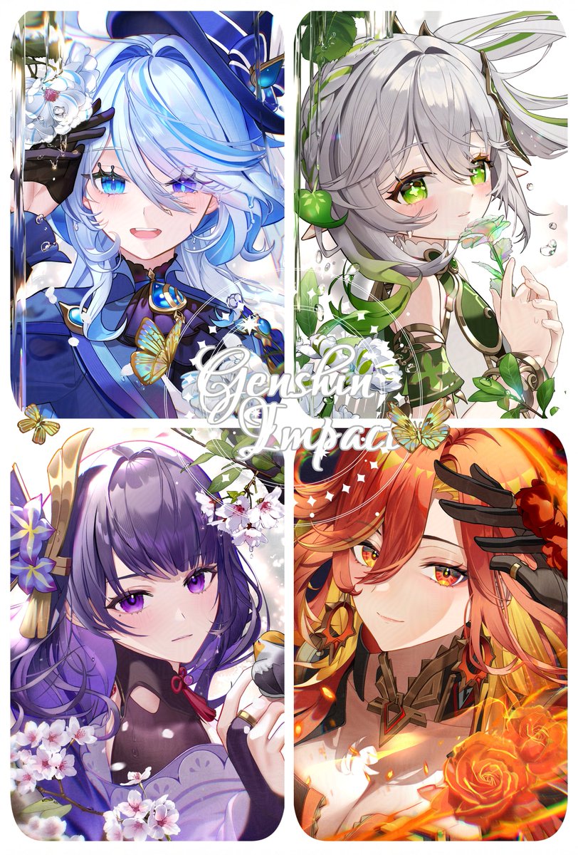 raiden shogun, furina, nahida, and mavuika (genshin impact) drawn by ttorong