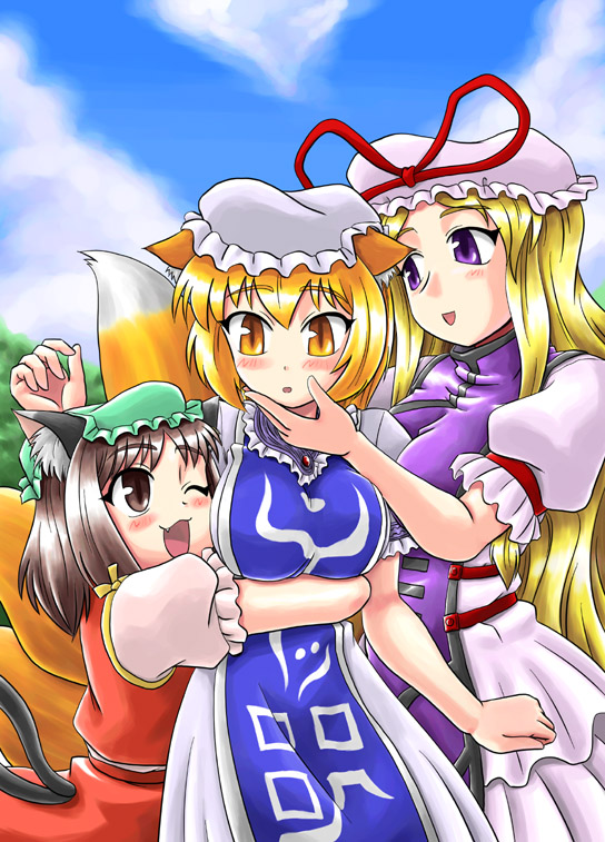 yakumo yukari, yakumo ran, and chen (touhou) drawn by sasuke_(sasuke_no_sato)
