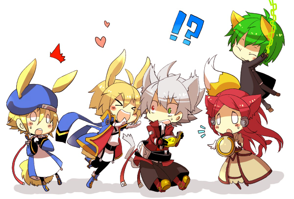 noel vermillion, ragna the bloodedge, jin kisaragi, tsubaki yayoi, and hazama (blazblue) drawn by kuro_yuzu