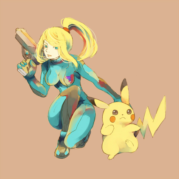 pikachu and samus aran (pokemon and 2 more) drawn by kutta
