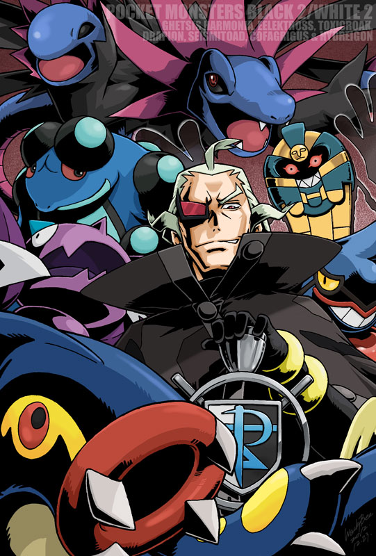hydreigon, ghetsis, eelektross, cofagrigus, toxicroak, and 2 more (pokemon and 1 more) drawn by wackybee