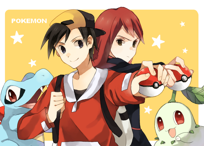 ethan, silver, chikorita, and totodile (pokemon and 1 more) drawn by henachoko