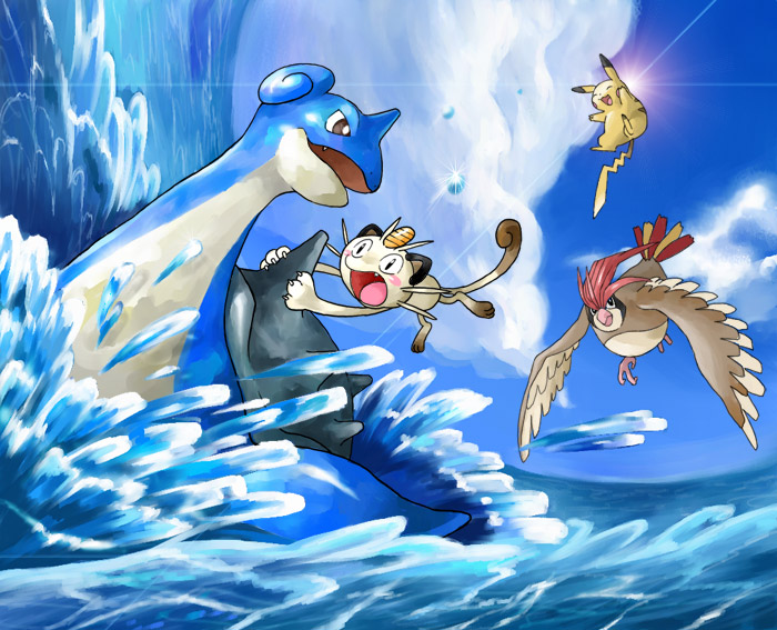 pikachu, meowth, lapras, and pidgeotto (pokemon) drawn by satou_mami