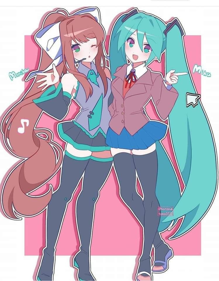 hatsune miku and monika (vocaloid and 1 more) drawn by kotohatoko510