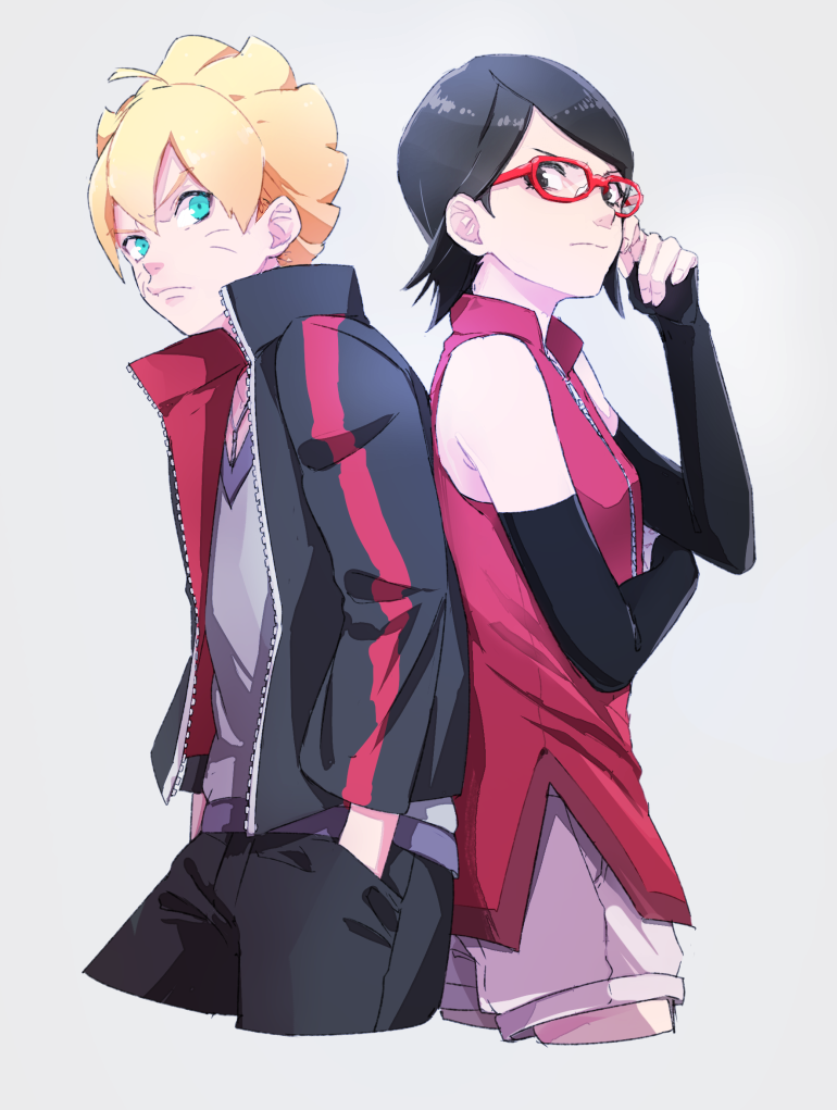 uchiha sarada and uzumaki boruto (naruto) drawn by shigegigi