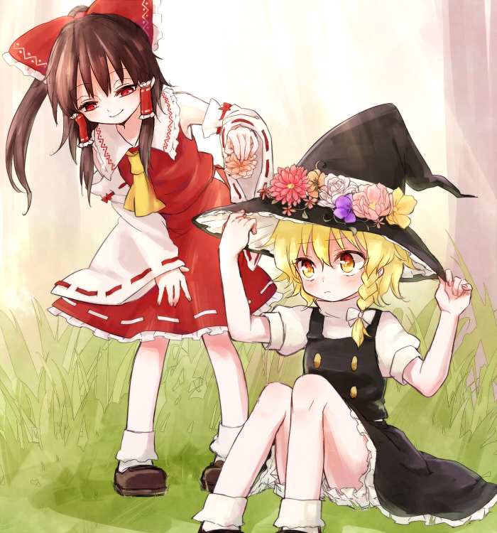hakurei reimu and kirisame marisa (touhou) drawn by hiwokawa
