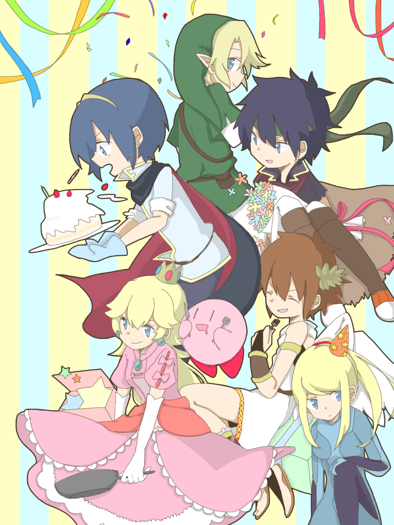 link, kirby, princess peach, samus aran, ike, and 2 more (fire emblem and 9 more) drawn by 11kabosu22