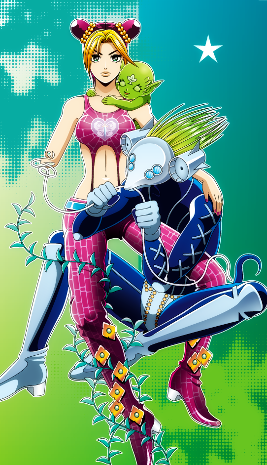 kujo jolyne, green baby, and green green grass of home (jojo no kimyou na bouken and 1 more) drawn by tazbun