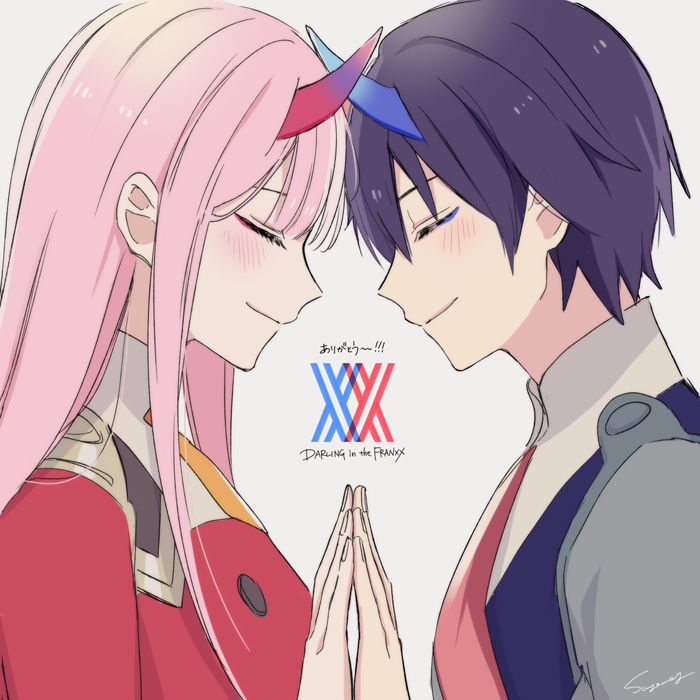 zero two and hiro (darling in the franxx) drawn by suyamii