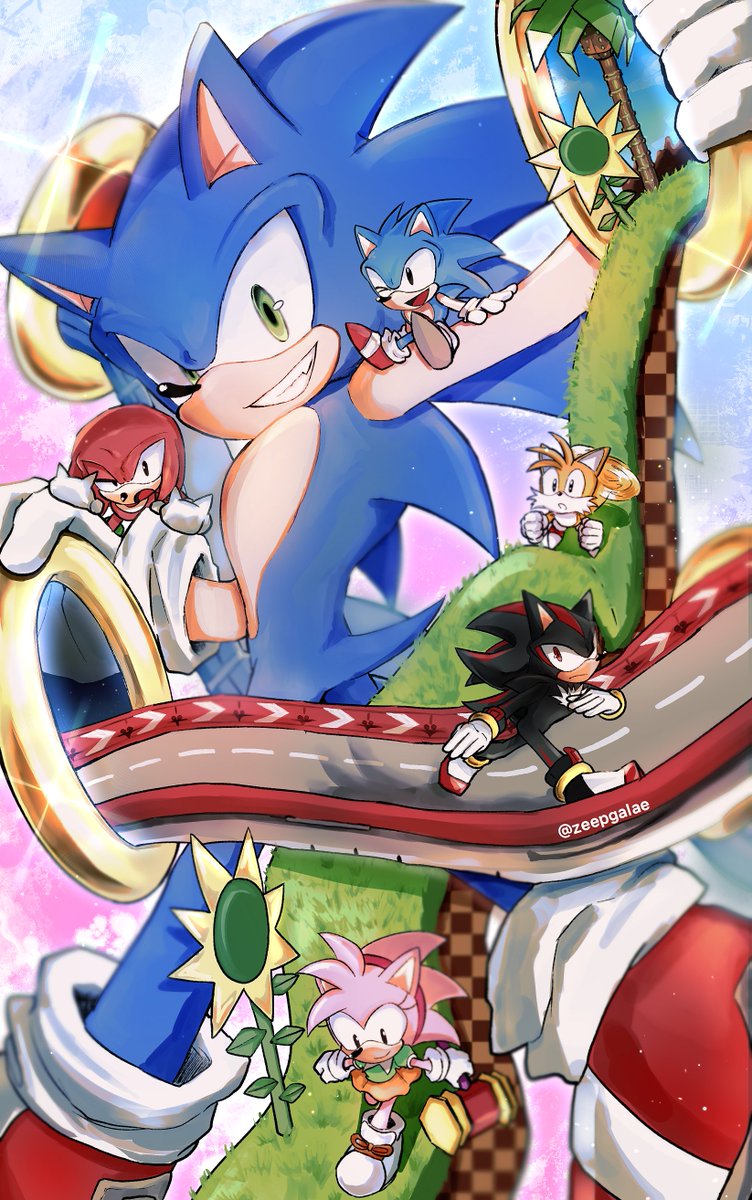 sonic the hedgehog, shadow the hedgehog, amy rose, tails, knuckles the echidna, and 4 more (sonic and 2 more) drawn by shapam_(zeepgalae)