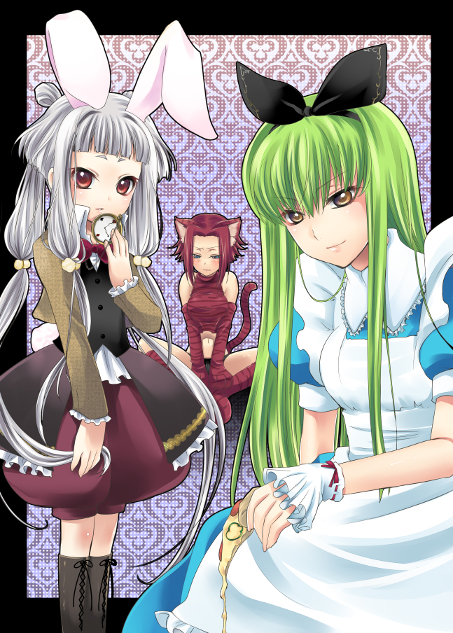 c.c., alice, kouzuki kallen, white rabbit, cheshire cat, and 1 more (code geass and 1 more) drawn by yukian