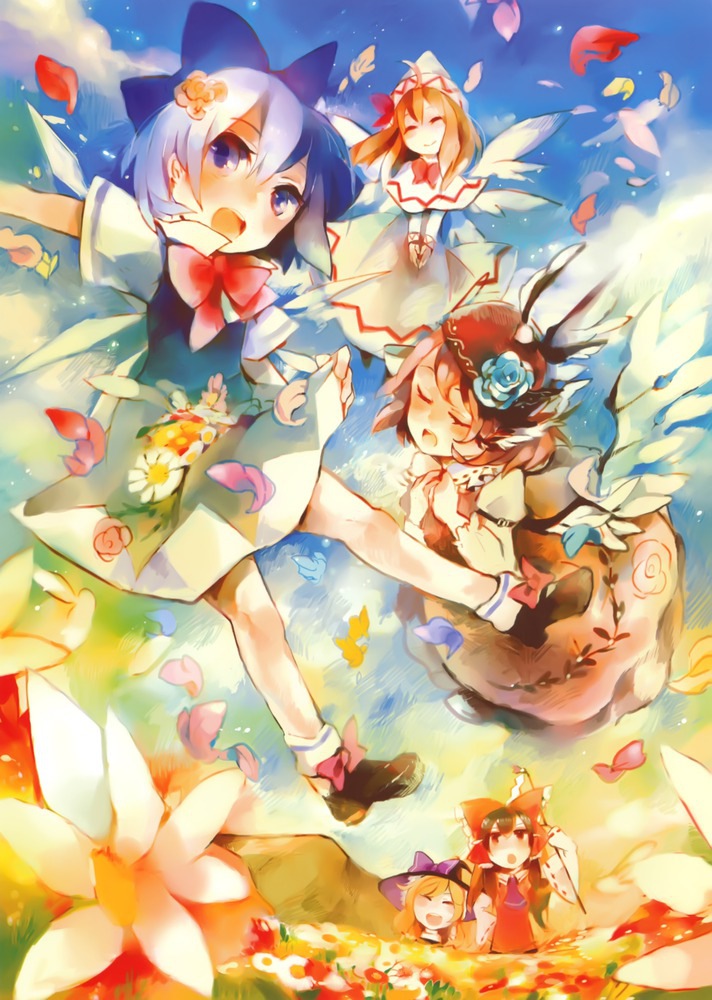 hakurei reimu, kirisame marisa, cirno, mystia lorelei, and lily white (touhou) drawn by azuma_aya