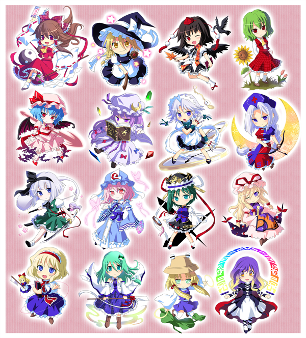hakurei reimu, kirisame marisa, remilia scarlet, izayoi sakuya, kochiya sanae, and 12 more (touhou) drawn by soukuu_kizuna