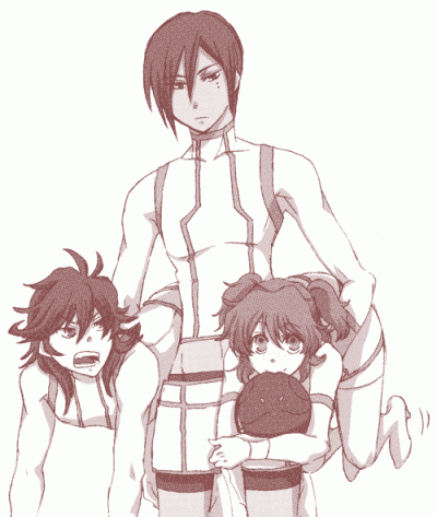 haro, nena trinity, bad haro, michael trinity, and johann trinity (gundam and 1 more)