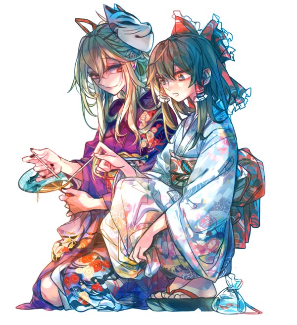 hakurei reimu and yakumo yukari (touhou) drawn by rekka